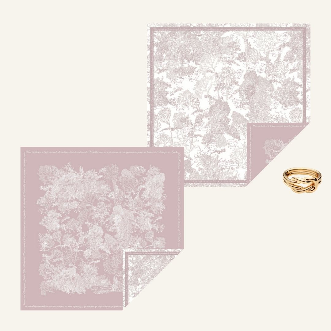 Toile De Jouy Pinkish Gray Silky Scarf Gift Set (Double Face Silky Scarf and Scarf Ring)