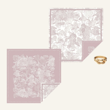 Toile De Jouy Pinkish Gray Silky Scarf Gift Set (Double Face Silky Scarf and Scarf Ring)