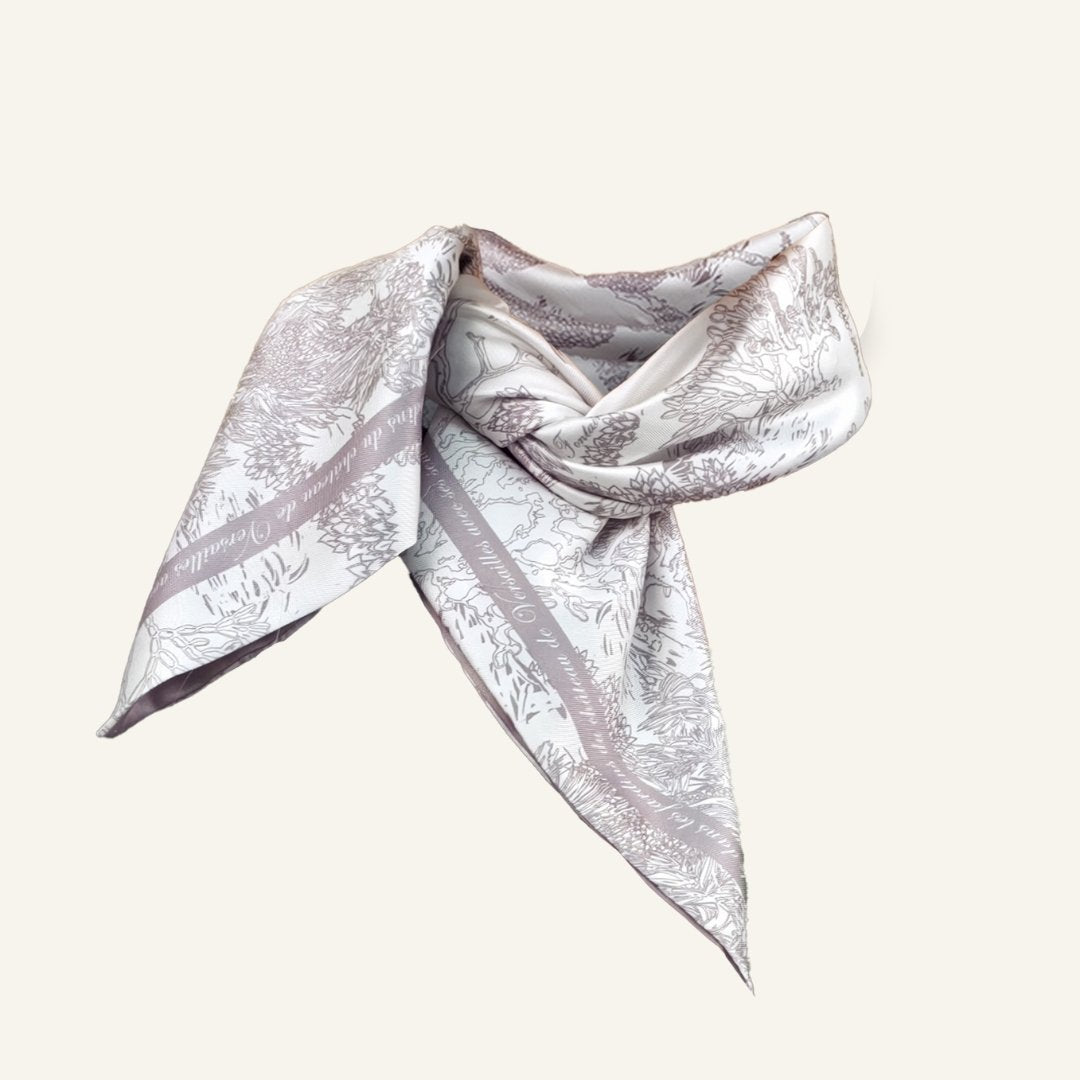 Toile De Jouy Pinkish Gray Silky Scarf Gift Set (Double Face Silky Scarf and Scarf Ring)