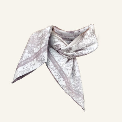 Toile De Jouy Pinkish Gray Silky Scarf Gift Set (Double Face Silky Scarf and Scarf Ring)