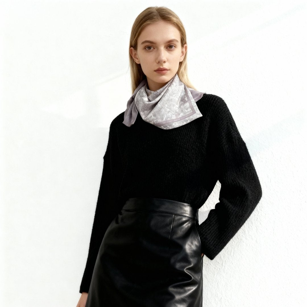 Toile De Jouy Pinkish Gray Silky Scarf Gift Set (Double Face Silky Scarf and Scarf Ring)