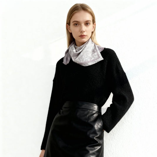 Toile De Jouy Pinkish Gray Silky Scarf Gift Set (Double Face Silky Scarf and Scarf Ring)