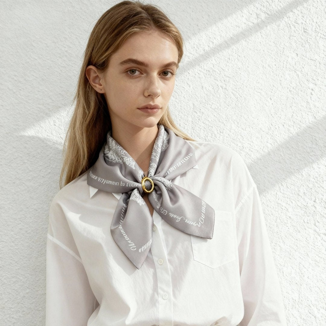 Toile De Jouy Pinkish Gray Silky Scarf Gift Set (Double Face Silky Scarf and Scarf Ring)