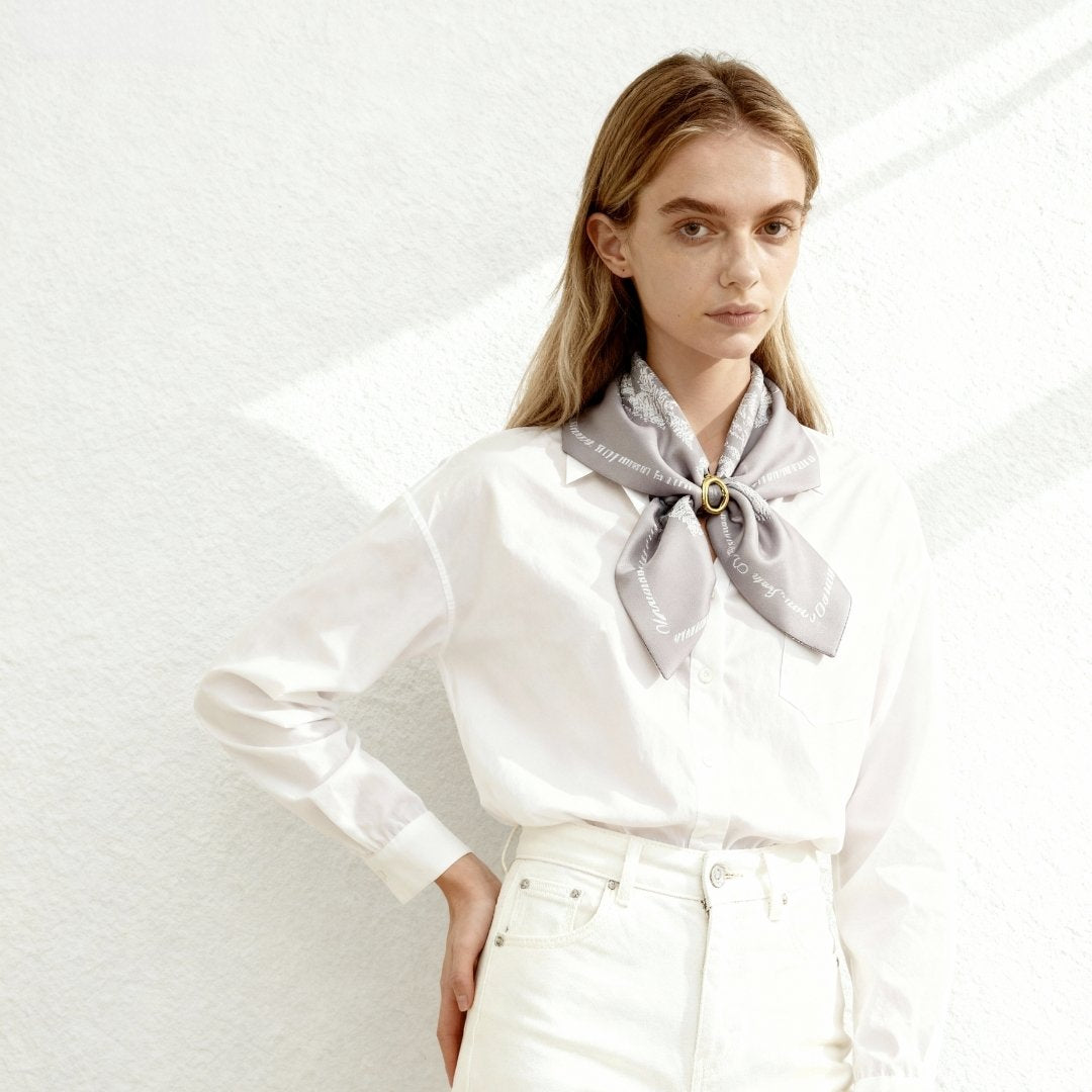 Toile De Jouy Pinkish Gray Silky Scarf Gift Set (Double Face Silky Scarf and Scarf Ring)