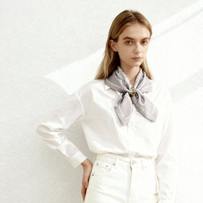 Toile De Jouy Pinkish Gray Silky Scarf Gift Set (Double Face Silky Scarf and Scarf Ring)