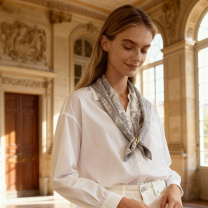 Toile De Jouy Pinkish Gray Silky Scarf Gift Set (Double Face Silky Scarf and Scarf Ring)