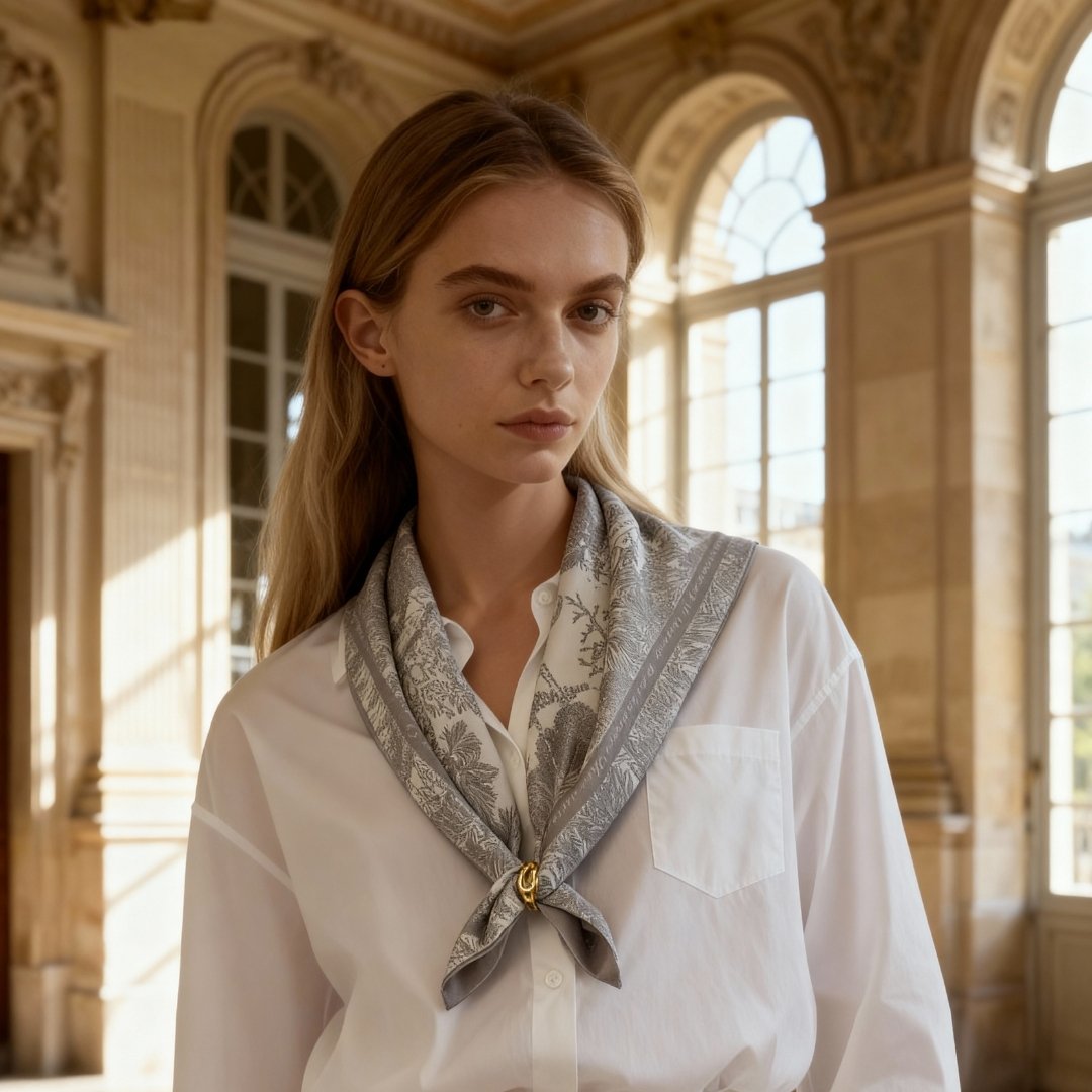 Toile De Jouy Pinkish Gray Silky Scarf Gift Set (Double Face Silky Scarf and Scarf Ring)