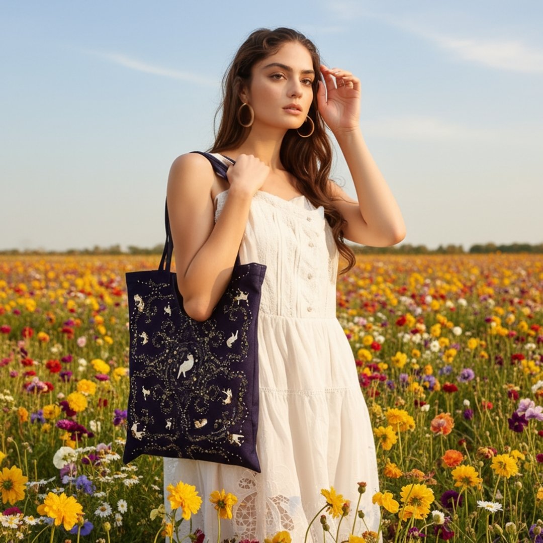 Yogis Cat and Flower Navy Tatra Mountain Tote Bag