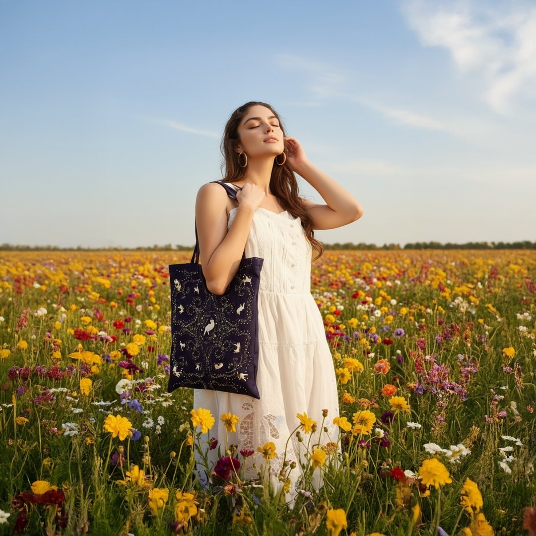 Yogis Cat and Flower Navy Tatra Mountain Tote Bag