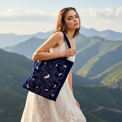 Yogis Cat and Flower Navy Tatra Mountain Tote Bag