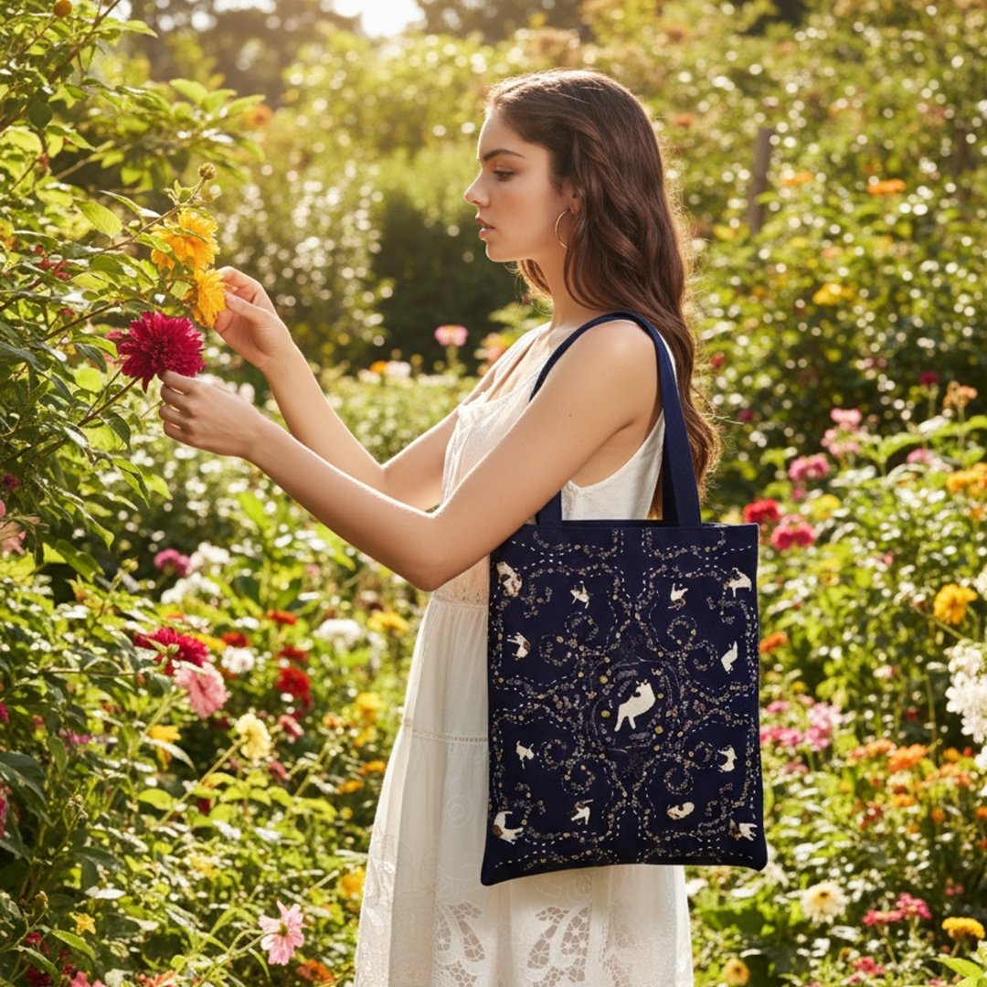 Yogis Cat and Flower Navy Tatra Mountain Tote Bag