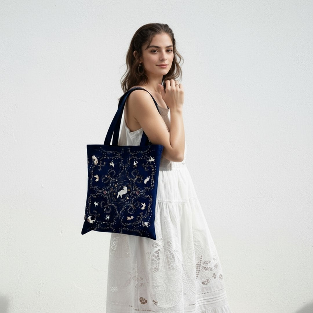 Yogis Cat and Flower Navy Tatra Mountain Tote Bag