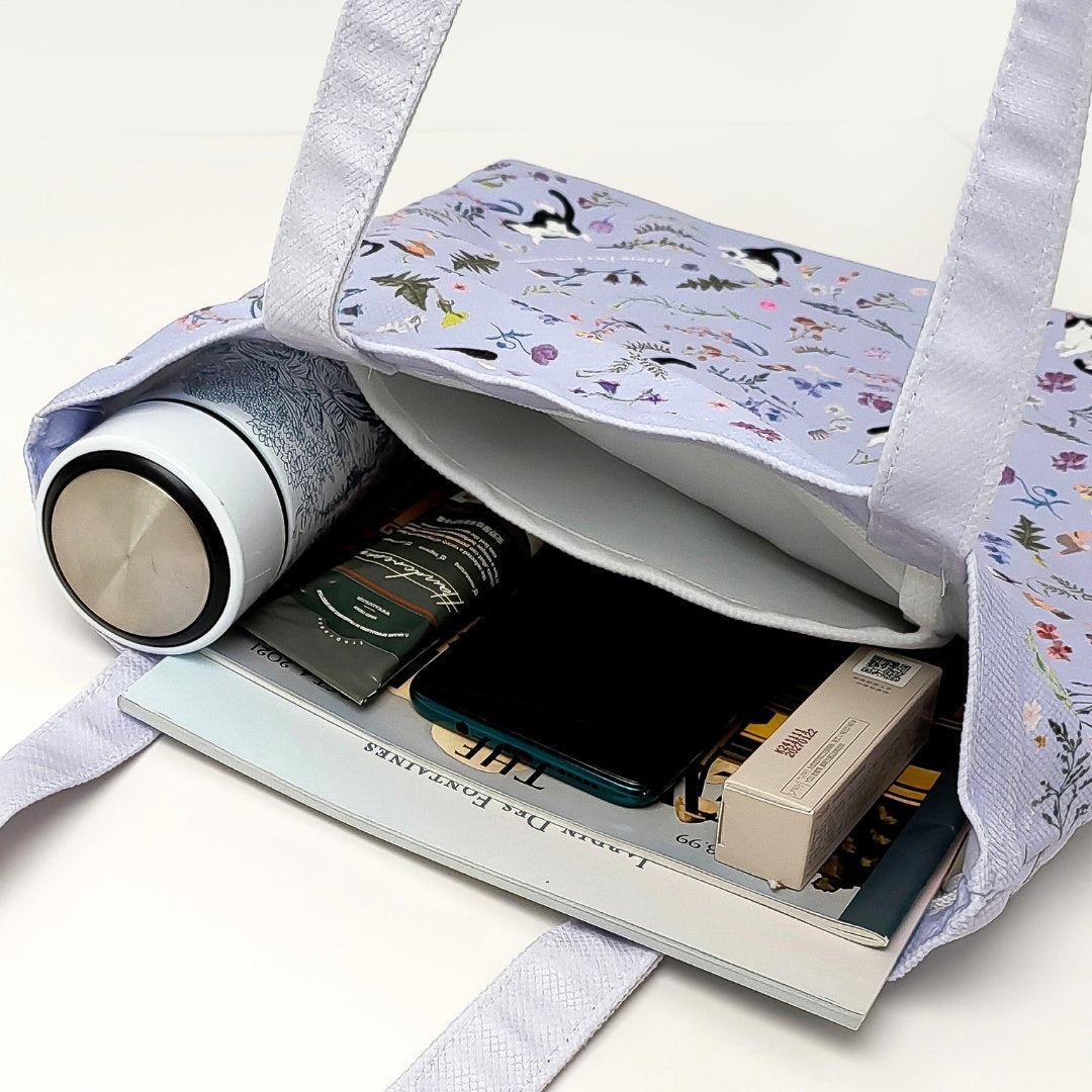 Yogis Cat and Flower Snowball Purple Tote Bag