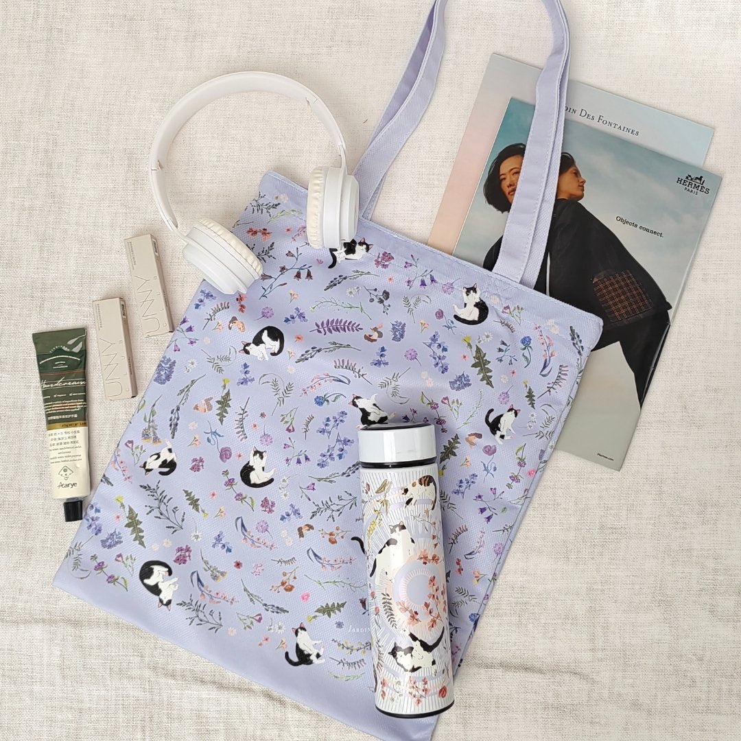 Yogis Cat and Flower Snowball Purple Tote Bag