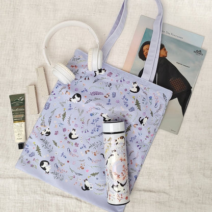 Yogis Cat and Flower Snowball Purple Tote Bag