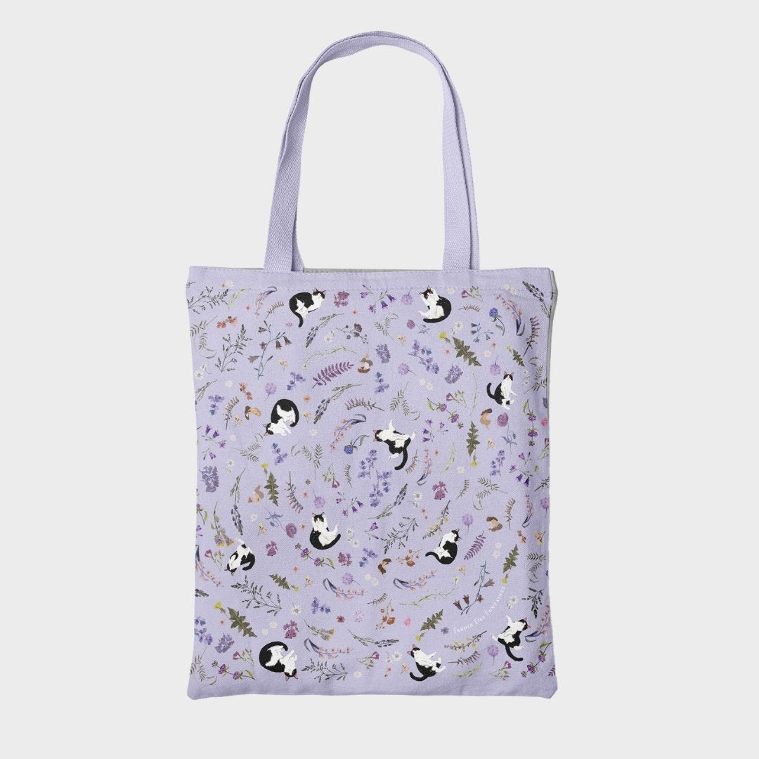 Yogis Cat and Flower Snowball Purple Tote Bag