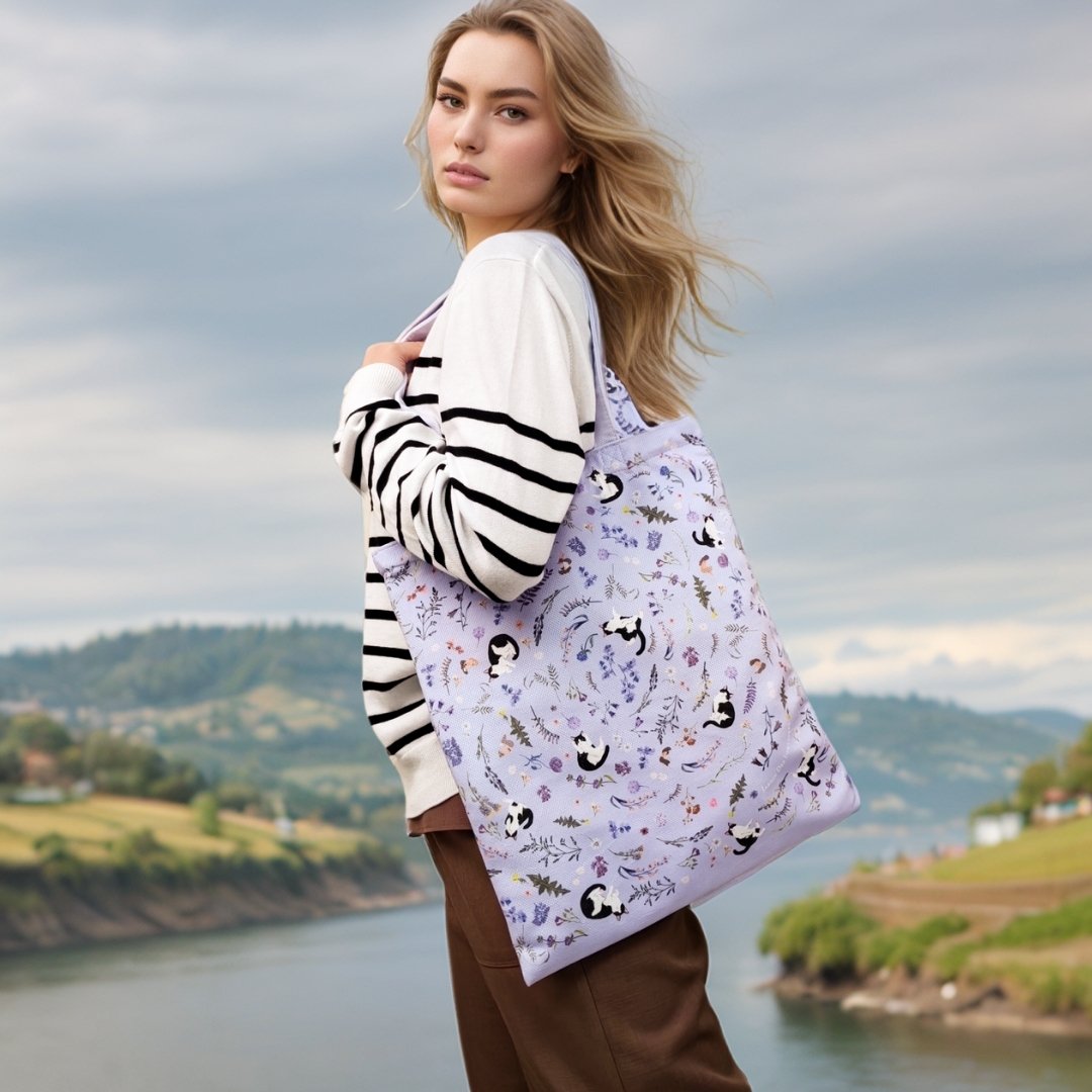 Yogis Cat and Flower Snowball Purple Tote Bag