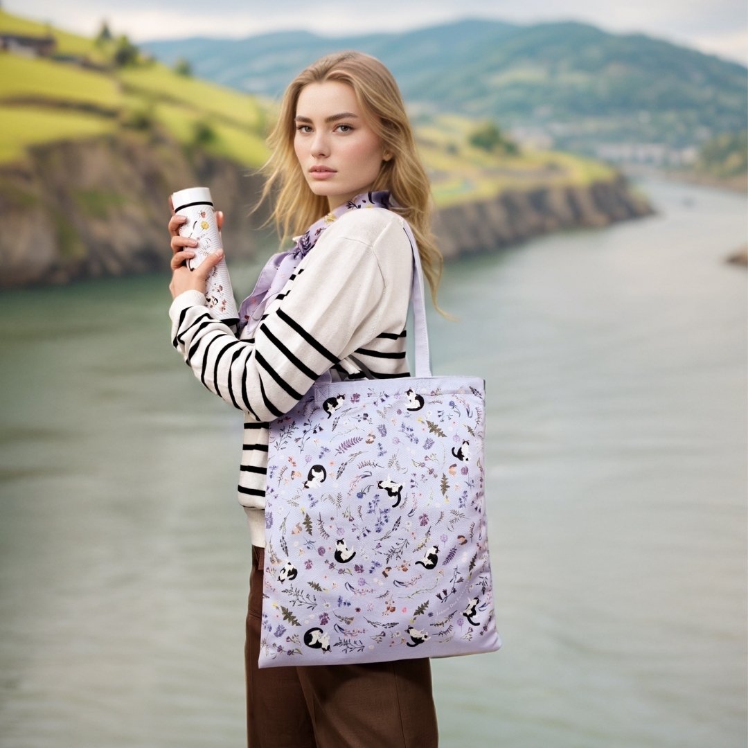 Yogis Cat and Flower Snowball Purple Tote Bag