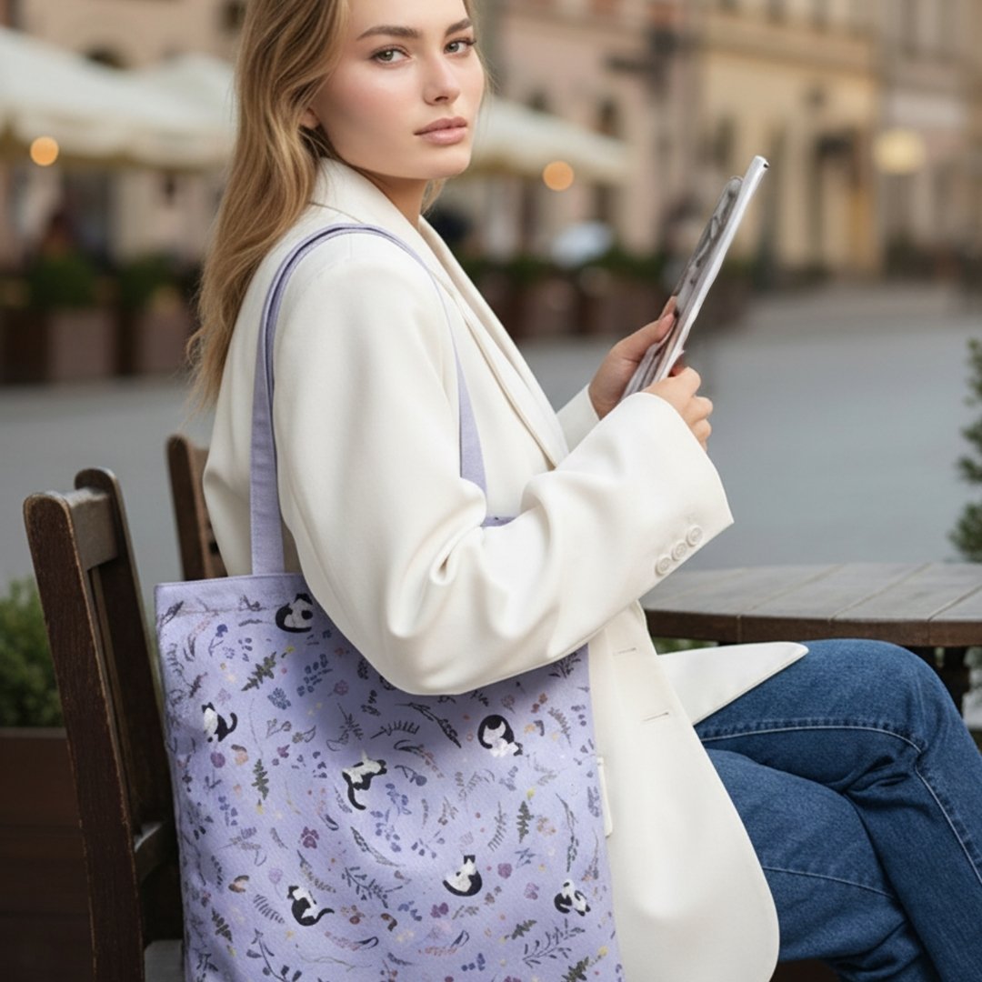 Yogis Cat and Flower Snowball Purple Tote Bag