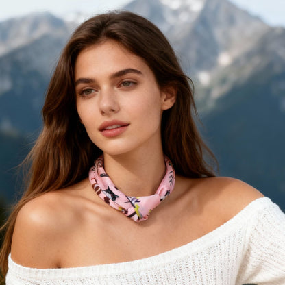 Yogis Cat and Flower Pink Silky Scarf (60cm)