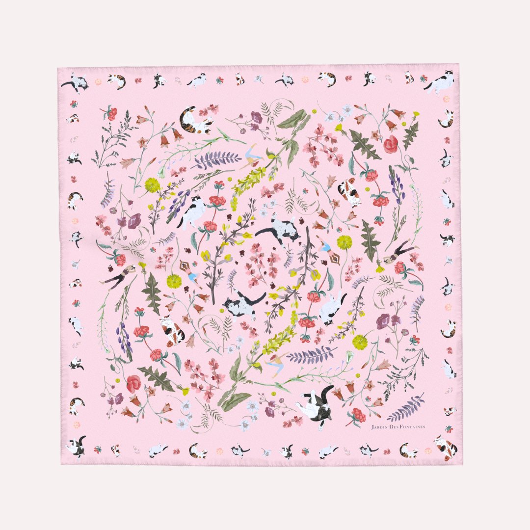 Yogis Cat and Flower Pink Silky Scarf (60cm)