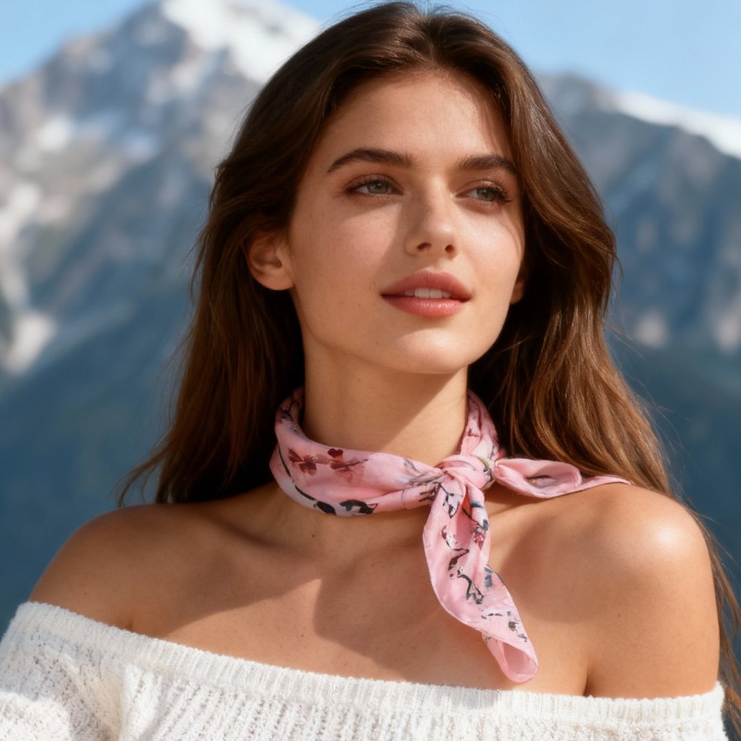 Yogis Cat and Flower Pink Silky Scarf (60cm)