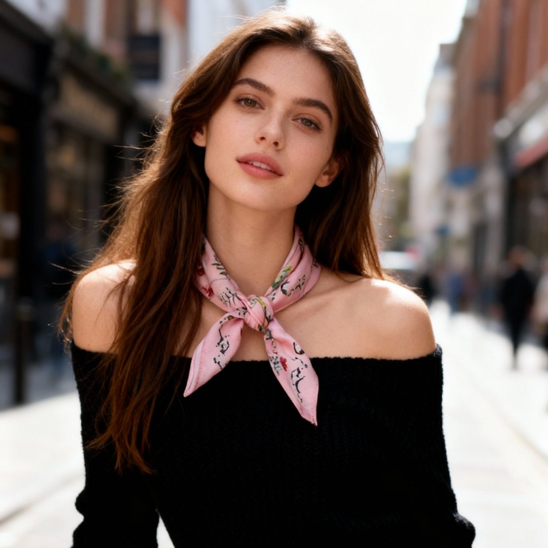 Yogis Cat and Flower Pink Silky Scarf (60cm)