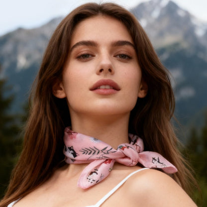 Yogis Cat and Flower Pink Silky Scarf (60cm)