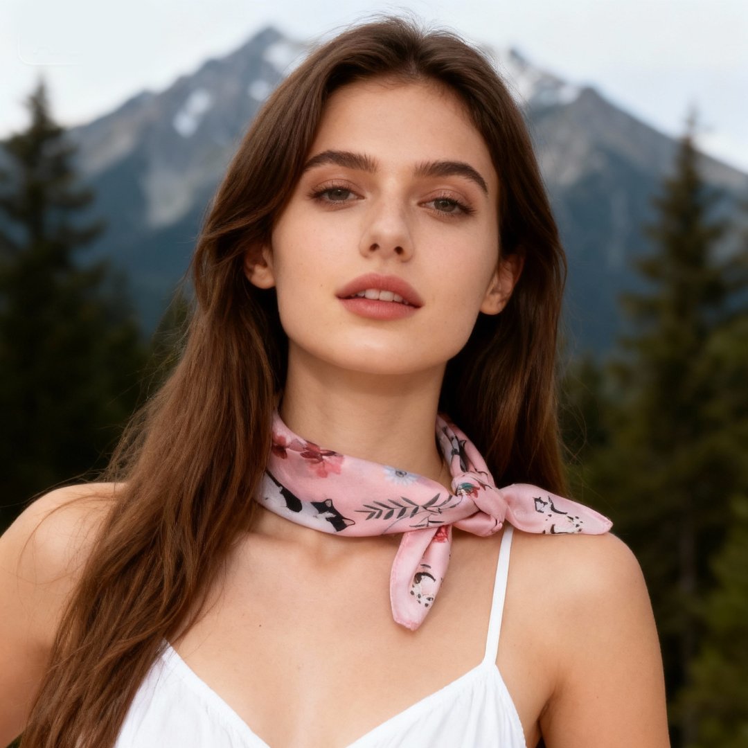 Yogis Cat and Flower Pink Silky Scarf (60cm)