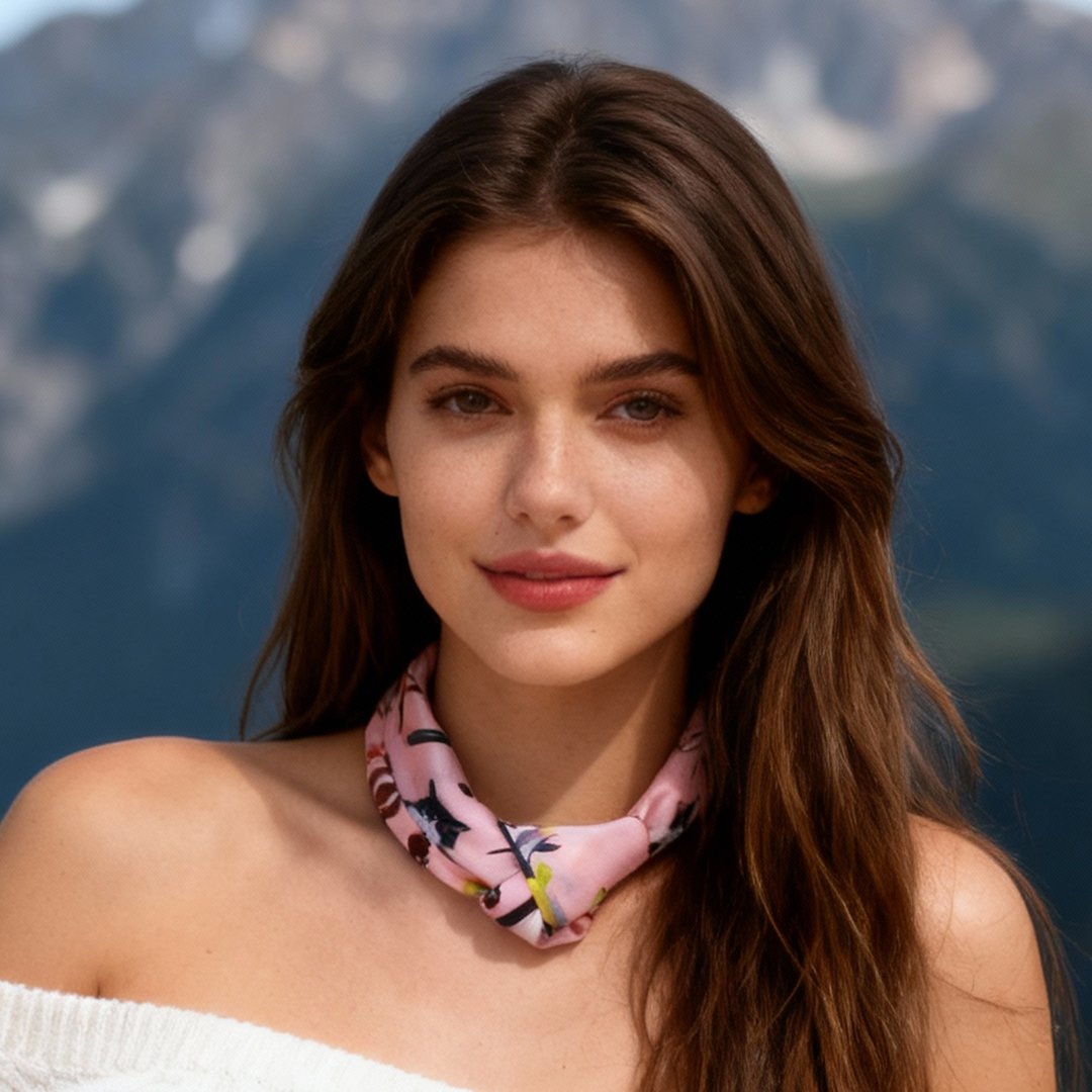 Yogis Cat and Flower Pink Silky Scarf (60cm)