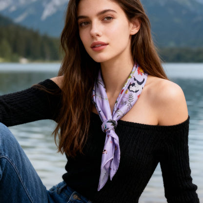 Yogis Cat and Flower Purple Silky Scarf (60cm)