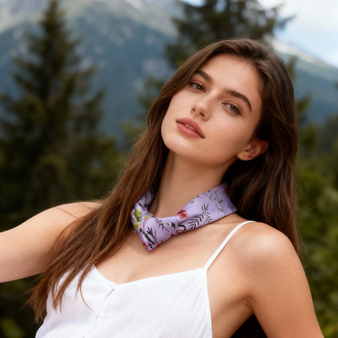 Yogis Cat and Flower Purple Silky Scarf (60cm)