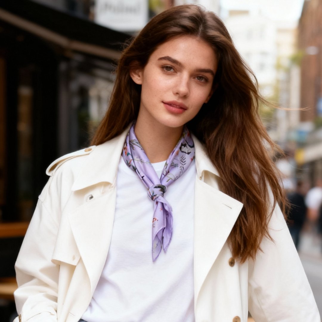 Yogis Cat and Flower Purple Silky Scarf (60cm)