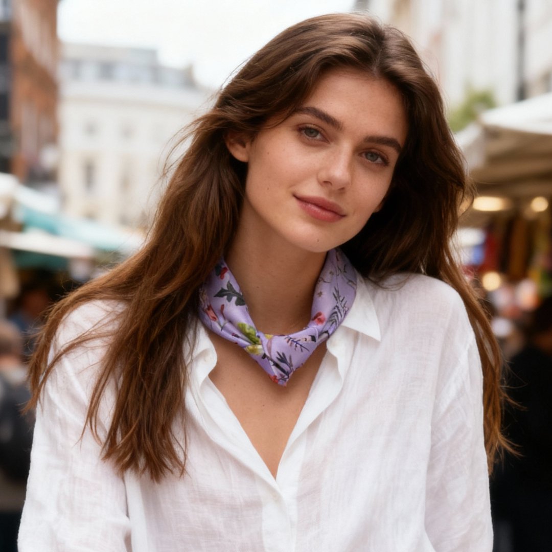 Yogis Cat and Flower Purple Silky Scarf (60cm)