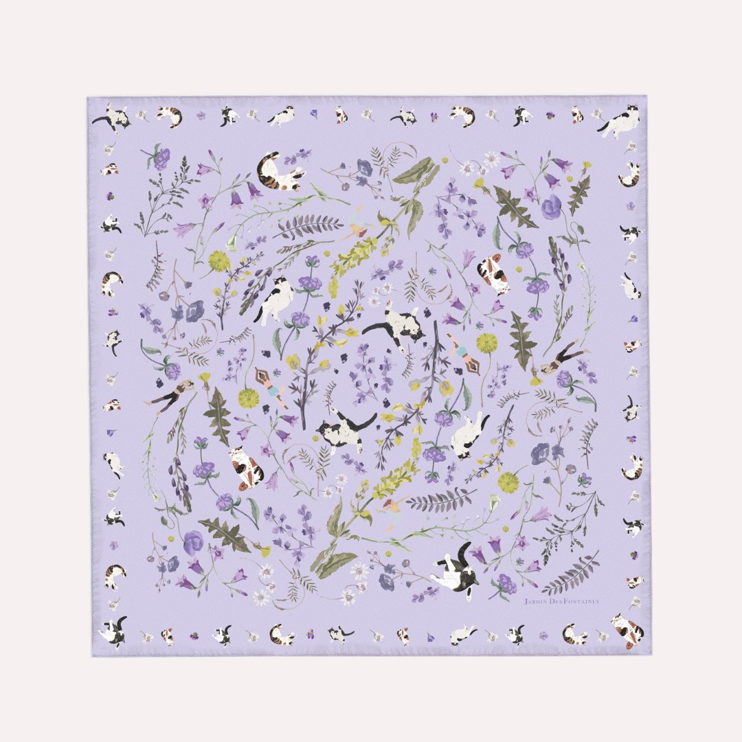 Yogis Cat and Flower Purple Silky Scarf (60cm)