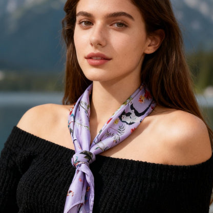 Yogis Cat and Flower Purple Silky Scarf (60cm)