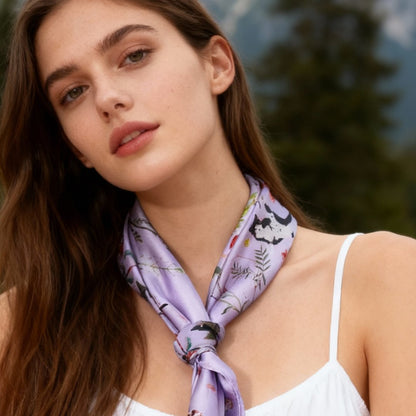 Yogis Cat and Flower Purple Silky Scarf (60cm)