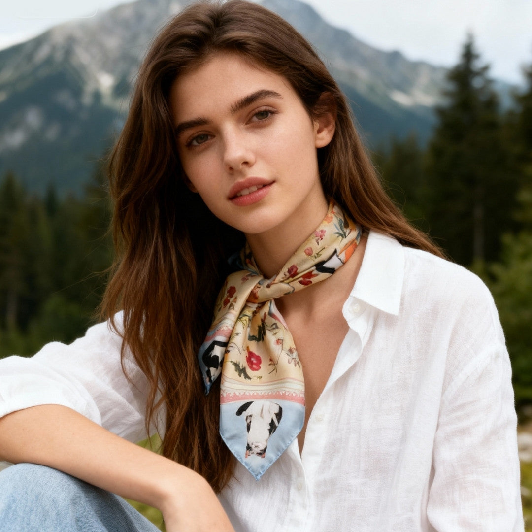 Yogis Cat and Flower Yellow Field Silky Scarf (60cm)