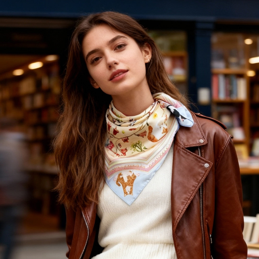 Yogis Cat and Flower Yellow Field Silky Scarf (60cm)