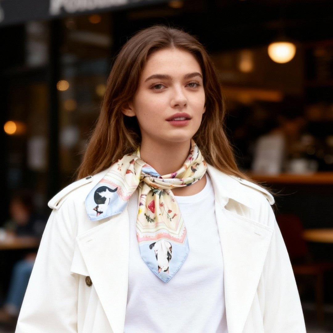 Yogis Cat and Flower Yellow Field Silky Scarf (60cm)