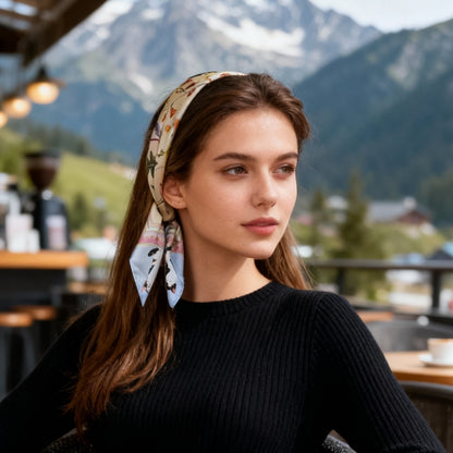 Yogis Cat and Flower Yellow Field Silky Scarf (60cm)