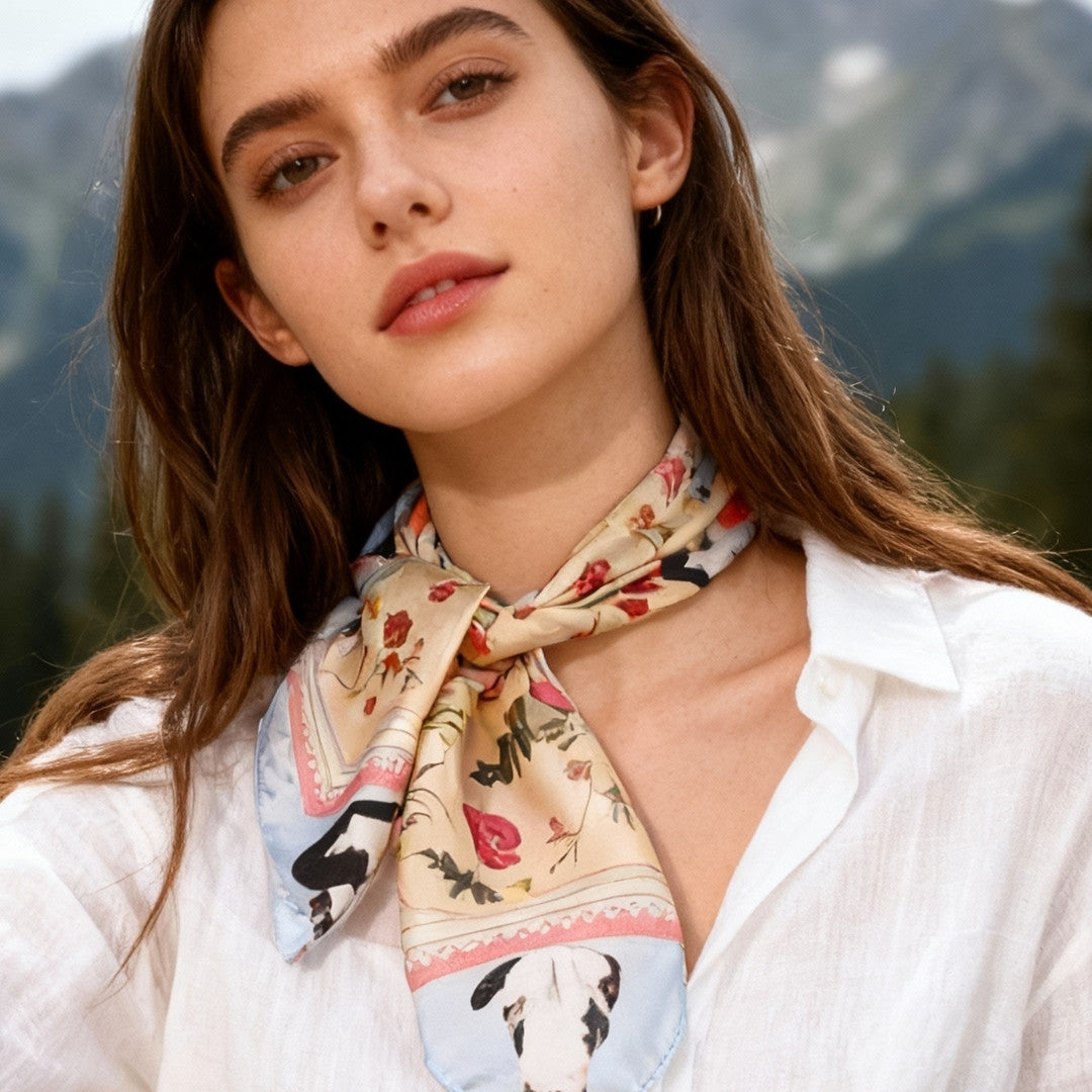 Yogis Cat and Flower Yellow Field Silky Scarf (60cm)