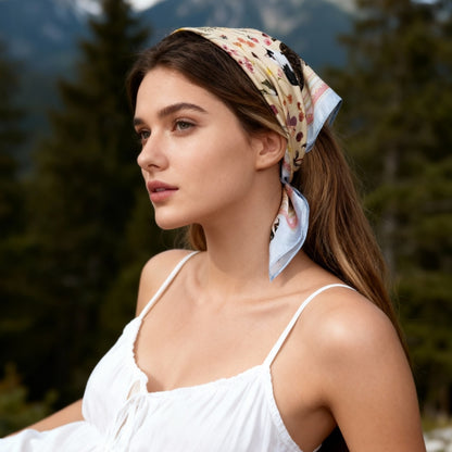 Yogis Cat and Flower Yellow Field Silky Scarf (60cm)