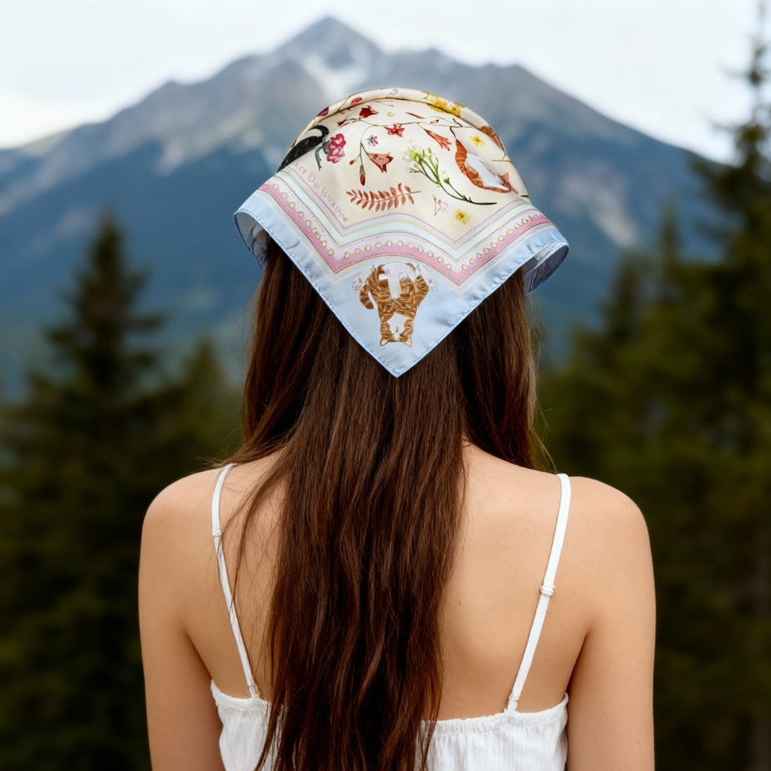 Yogis Cat and Flower Yellow Field Silky Scarf (60cm)