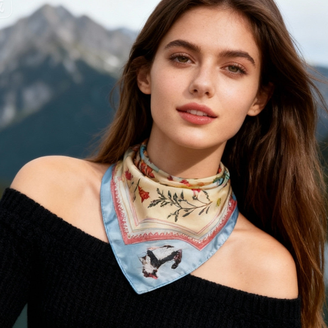 Yogis Cat and Flower Yellow Field Silky Scarf (60cm)