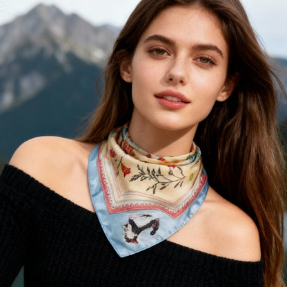 Yogis Cat and Flower Yellow Field Silky Scarf (60cm)