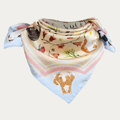 Yogis Cat and Flower Yellow Field Silky Scarf (60cm)