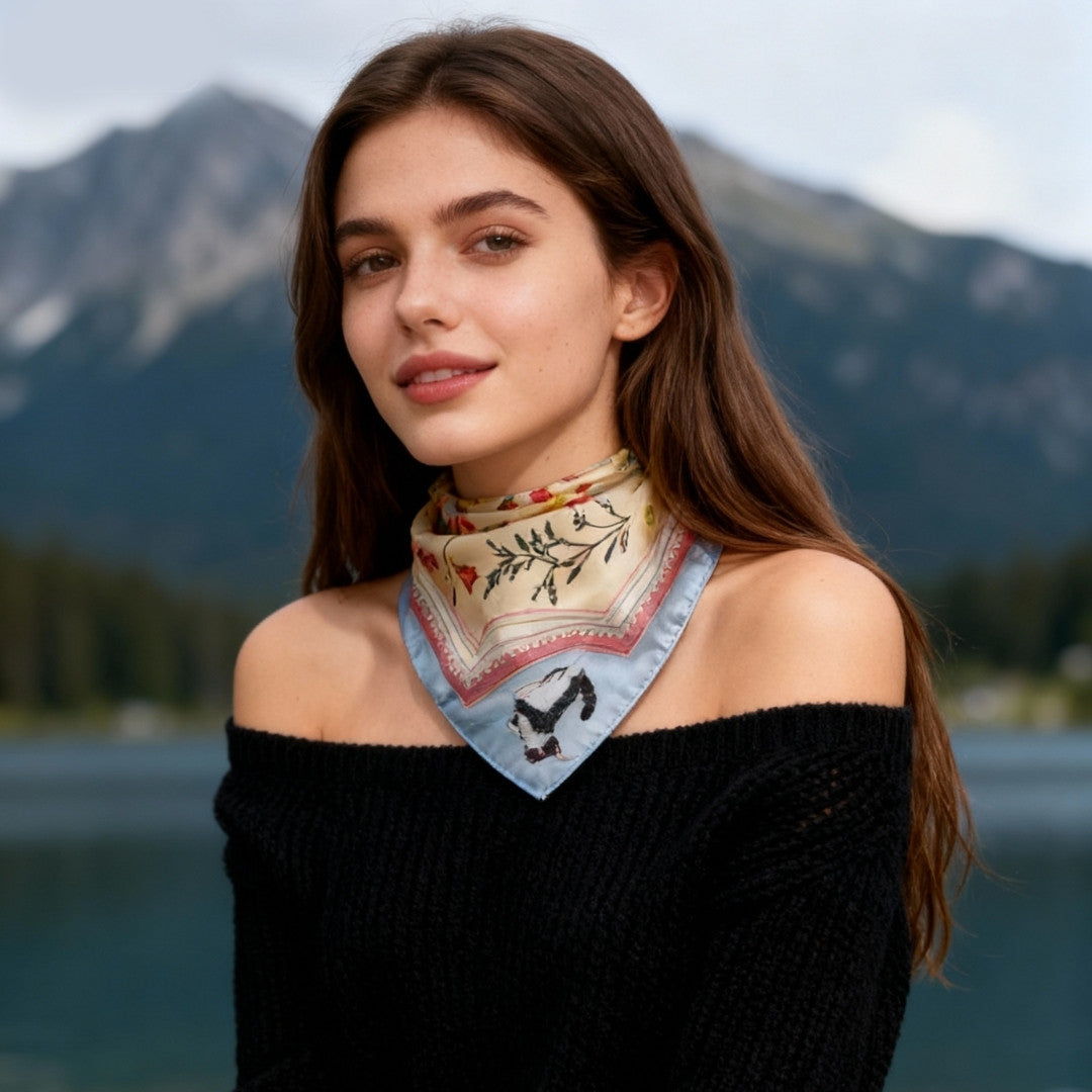 Yogis Cat and Flower Yellow Field Silky Scarf (60cm)