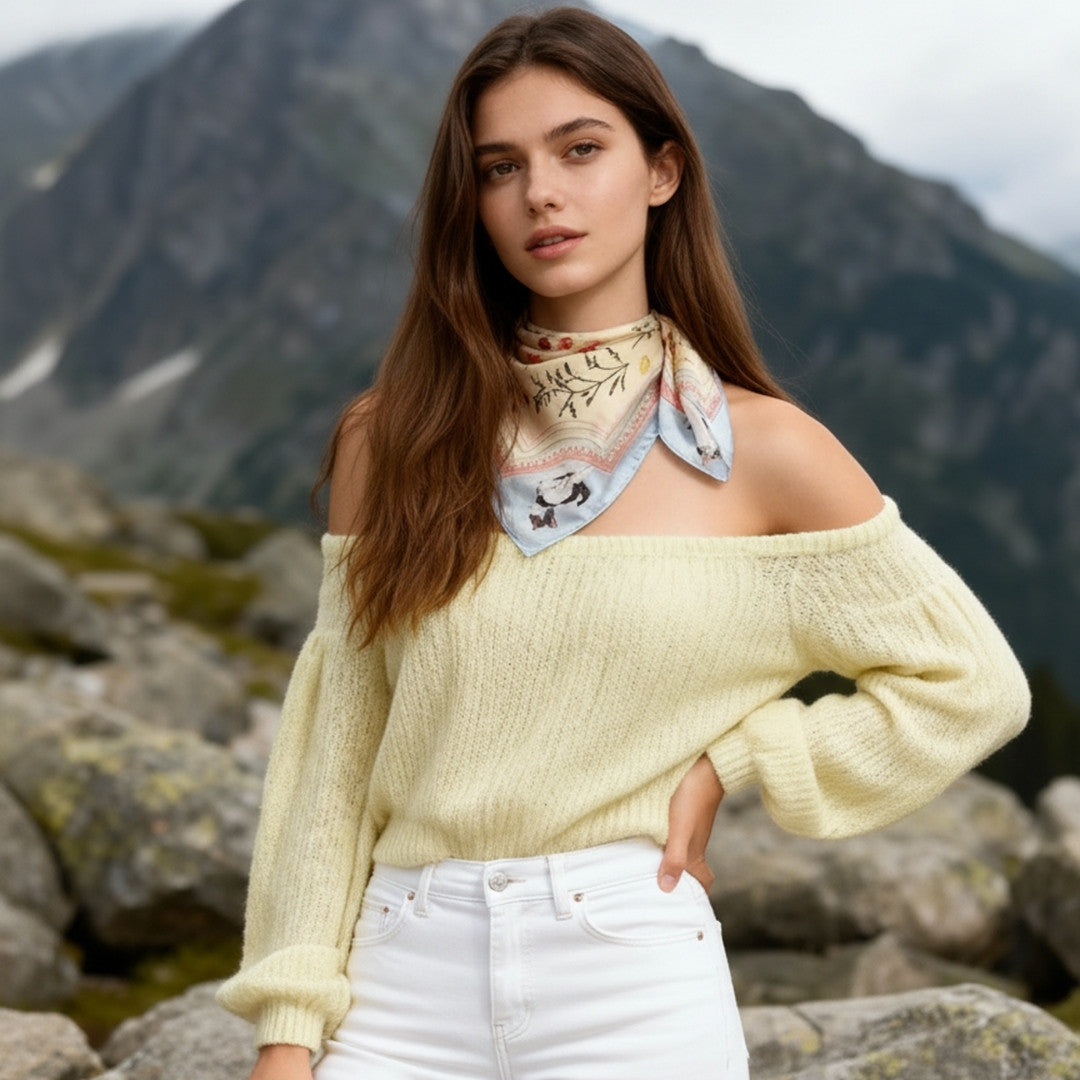 Yogis Cat and Flower Yellow Field Silky Scarf (60cm)