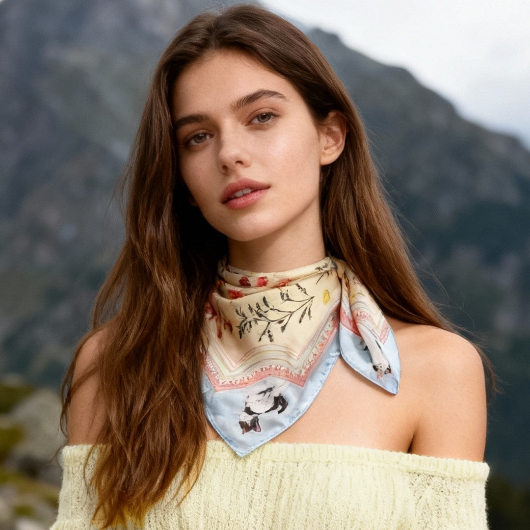 Yogis Cat and Flower Yellow Field Silky Scarf (60cm)